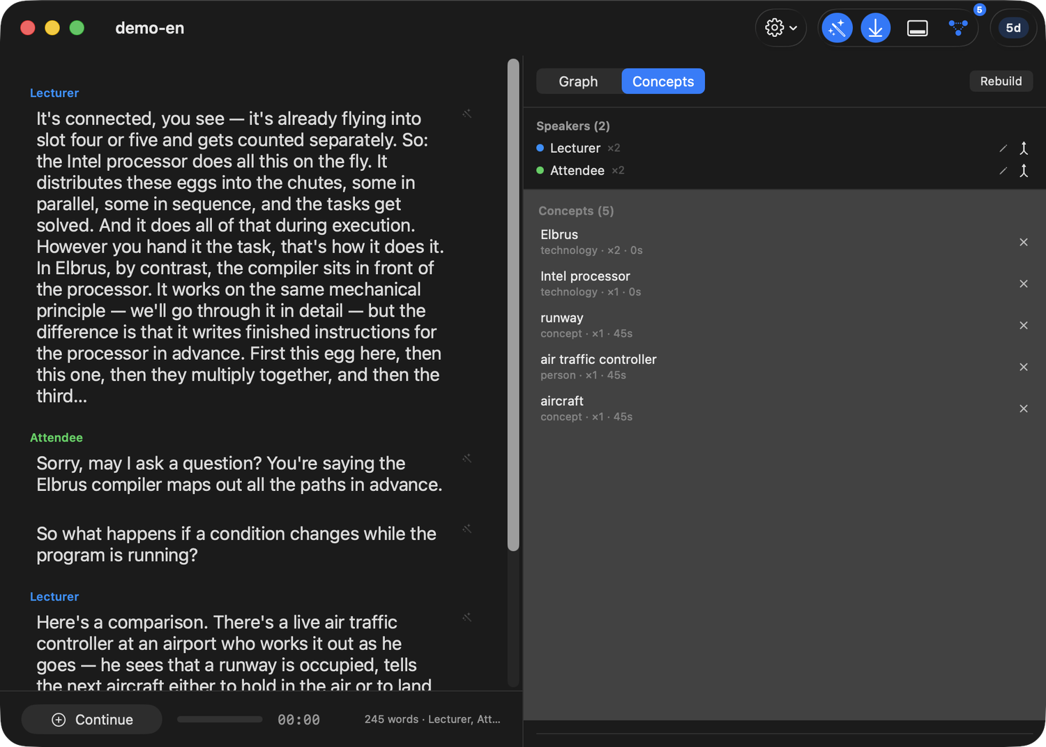 O Horatio's side panel listing extracted concepts and speakers