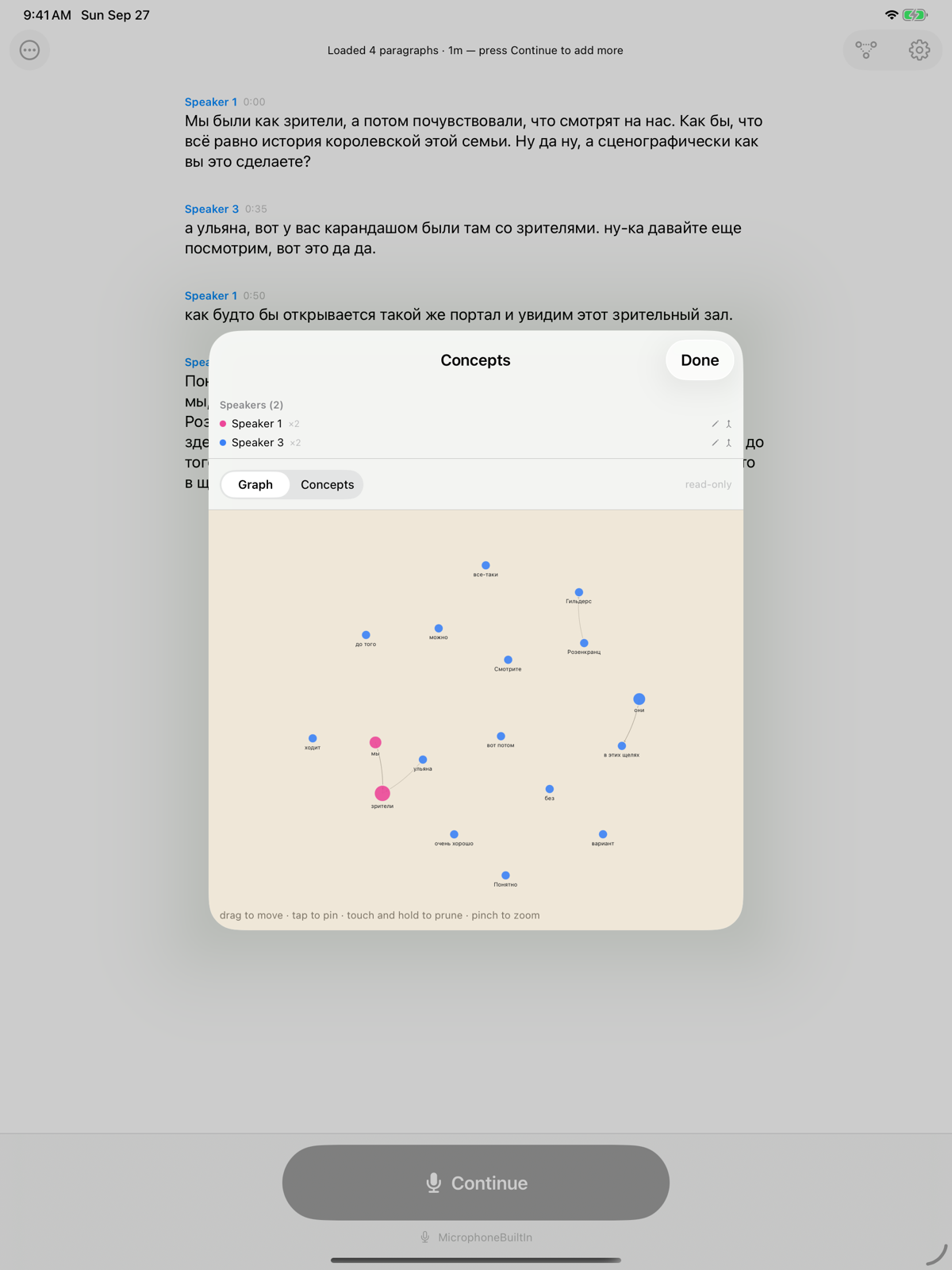 The concept graph open over the transcript on an iPad, nodes coloured by speaker