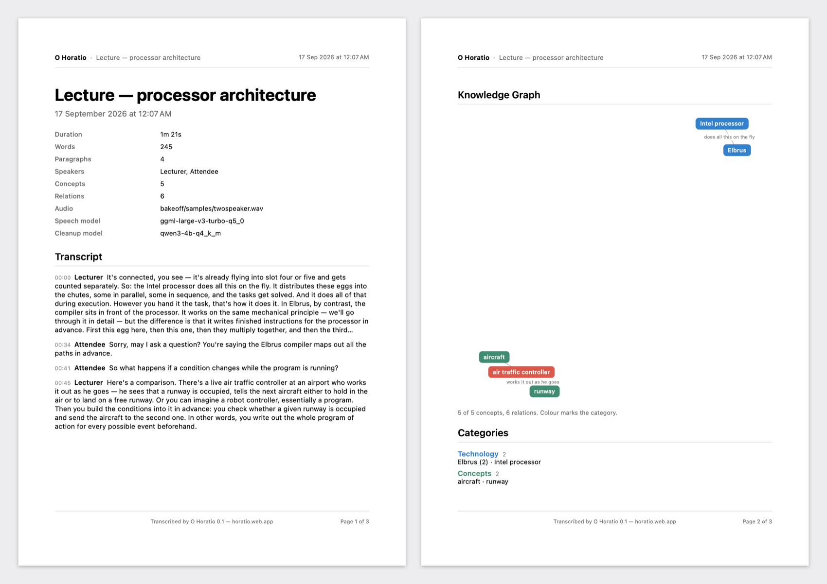 Two pages of an exported PDF: the transcript, then the concept graph and categories